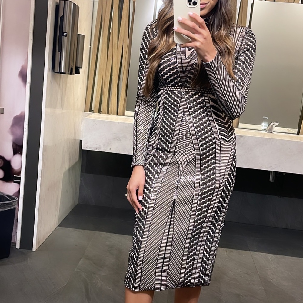 Midi Sequined Long Sleeve Dress in Black with nude lining